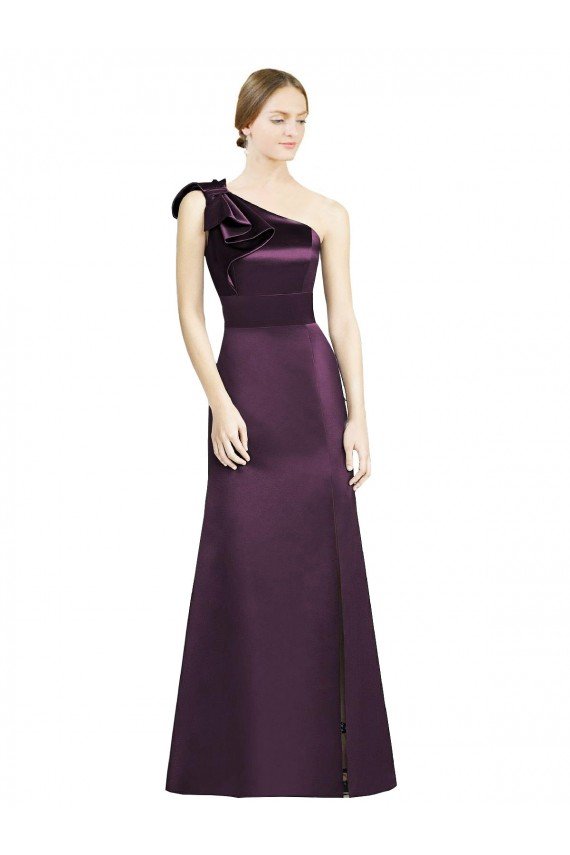 Affordable Full Length One Shoulder Satin Bridesmaid Dress with Bow Shoulder Detail UK