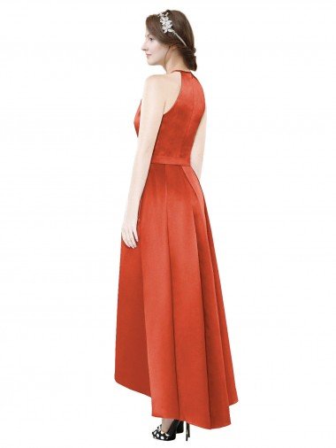 Affordable Full Length Halter Satin Bridesmaid Dress with Hi-Low Hem Detail UK