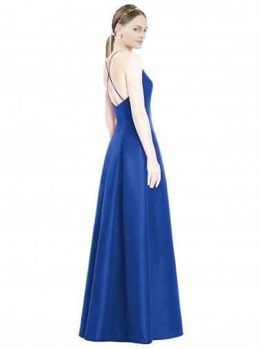 Affordable Full Pleated V-Neck Long Satin Bridesmaid Dress with Criss Cross Open Back UK