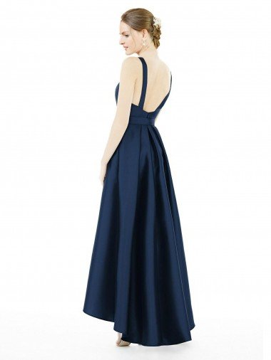 Affordable Full Length Sleeveless Long Satin Bridesmaid Dress with High Low Hem Detail UK