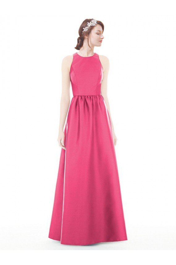 Affordable Jewel Neck Keyhole Back Sleek Long Satin Bridesmaid Dress UK