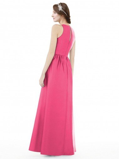 Affordable Jewel Neck Keyhole Back Sleek Long Satin Bridesmaid Dress UK