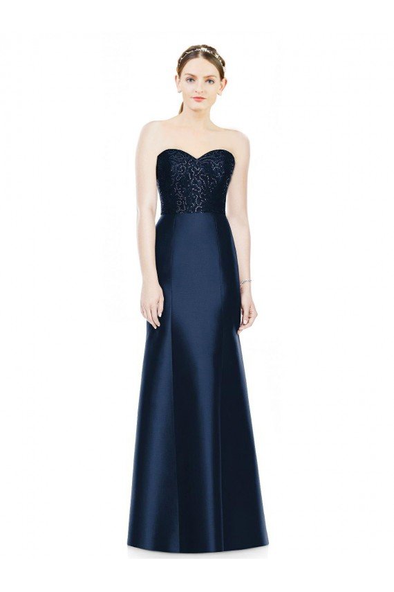 Affordable Full Length Strapless Satin Bridesmaid Dress with Lace Sweetheart Neckline UK