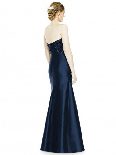 Affordable Full Length Strapless Satin Bridesmaid Dress with Lace Sweetheart Neckline UK