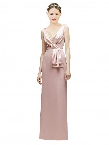 Affordable Sleeveless V-Neck Long Satin Bridesmaid Dress with Draped Bodice and Tiered Bow UK