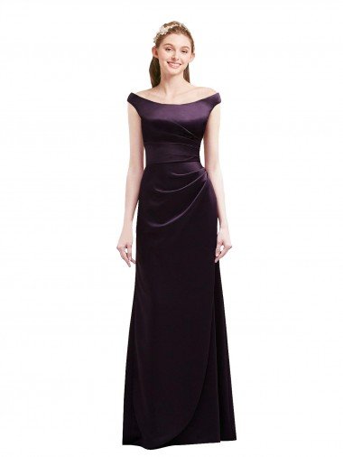 Affordable Off The Shoulder Long Satin Bridesmaid Dress with Asymmetrical Pleated Bodice UK
