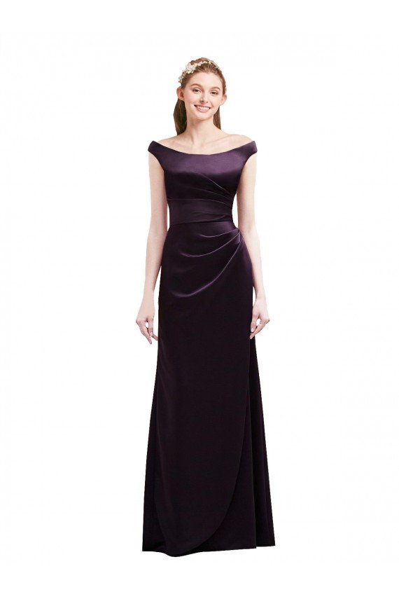 Affordable Off The Shoulder Long Satin Bridesmaid Dress with Asymmetrical Pleated Bodice UK