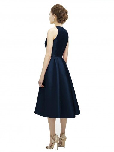 Affordable Halter Neck Short Tea Length Sleeveless Satin Bridesmaid Dress UK