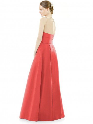 Affordable Sheer V-Neck Tulle Illusion Long Satin Bridesmaid Dress UK