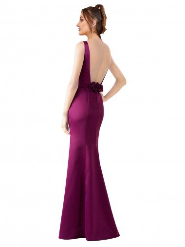 Affordable Fitted Sexy Open Back Formal Satin Bridesmaids Dress with Floral Details UK
