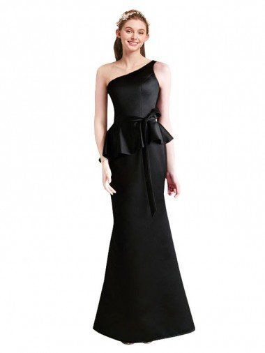 Affordable Long One Shoulder Satin Bridesmaid Dress with Bow Ties UK