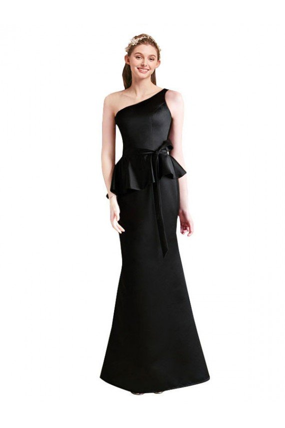 Affordable Long One Shoulder Satin Bridesmaid Dress with Bow Ties UK
