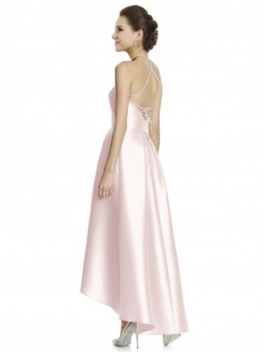 Affordable Long High-Low Halter Satin Bridesmaid Dress with Criss-Cross Back UK