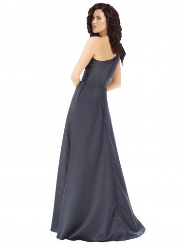 Affordable Rouched One Shoulder Floor Length Formal Satin Bridesmaid Dress / Prom Dress with Bow UK