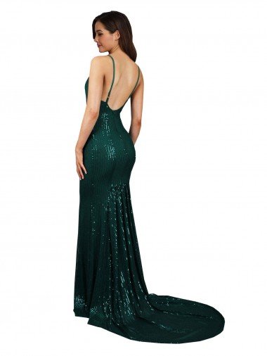 Affordable Fishtail Shaped V-Neck Open Back Long Formal Sequin Bridesmaid Dress / Prom Dress UK