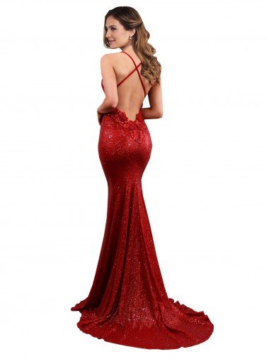 Affordable Low Back Mermaid V-Neck Long Formal Sequin Bridesmaid Dress / Prom Dress UK