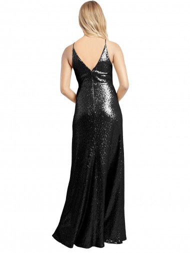 Affordable Full Length A-Line Formal Sequin Bridesmaid Dress / Prom Dress with Spaghetti Straps V-Neckline UK