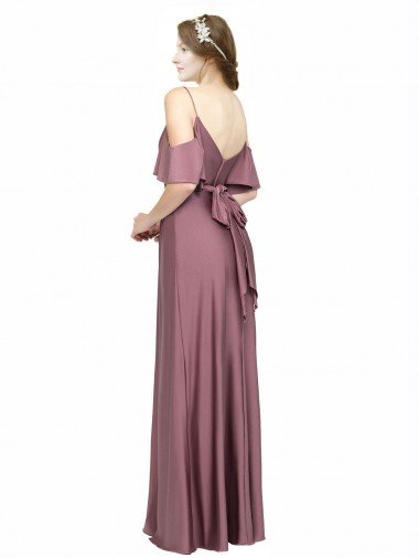 Affordable Draped Cold Shoulder Sleeves Long Formal Silky Satin Bridesmaid Dress / Prom Dress with Slit and Tie Back UK