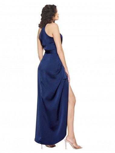 Affordable Full Length High Neck Wrap Formal Silky Satin Bridesmaid Dress / Prom Dress with Waist Tie UK