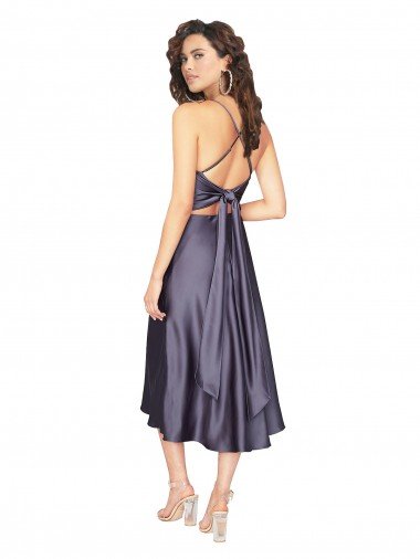 Affordable Midi Cocktail Length Silky Satin Bridesmaid Dress / Prom Dress with Open Tied Back UK