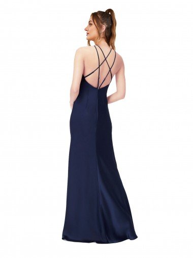 Affordable High Neck Satin Bridesmaid Dress / Prom Dress with Strappy Back UK