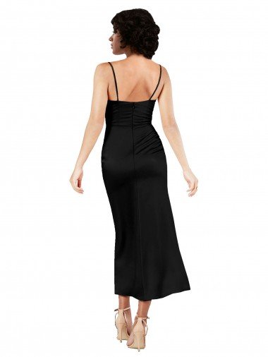 Affordable Cowl Neck Formal Tea-Length Short Silky Satin Bridesmaid Dress / Cocktail Prom Dress with Skirt Slit UK