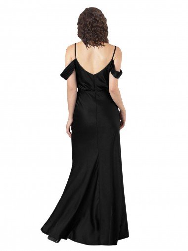 Affordable Off the Shoulder Sleeves Formal Silky Satin Bridesmaid Dress / Prom Dress with Skirt Slit UK