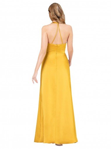 Affordable Halter A-Line Formal Silky Satin Bridesmaid Dress / Prom Dress with V-Neckline and Slit UK