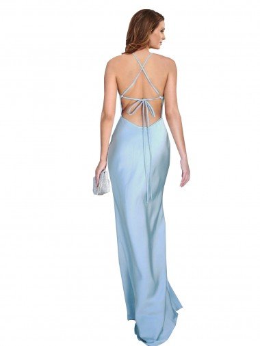 Affordable Open Back with Ties Cowl Neck Sheath Formal Silky Satin Long Bridessmaid Dress UK