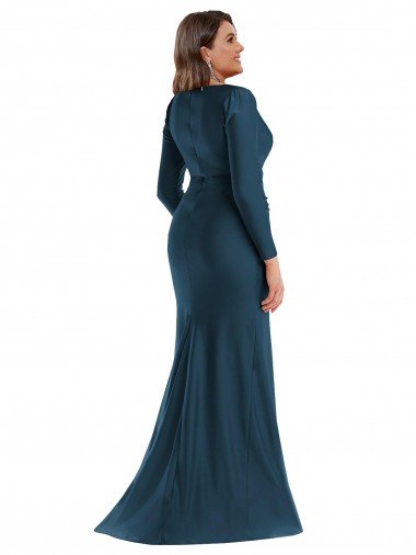 Affordable Long Sleeves Draped Wrap Formal Silky Satin Mermaid Bridesmaid Dress / Prom Dress with Front Slit UK