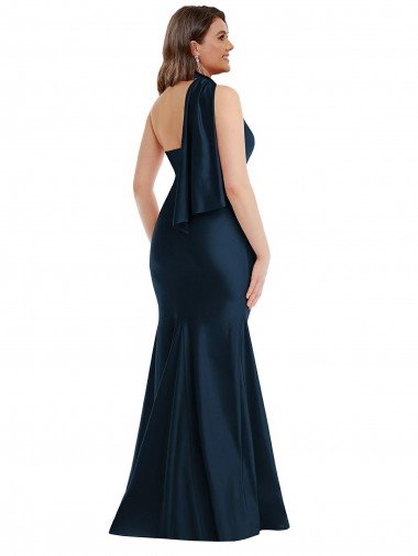 Affordable Scarf Neck One Shoulder Formal Silky Satin Mermaid Bridesmaid Dress / Prom Dress with Front Slit UK