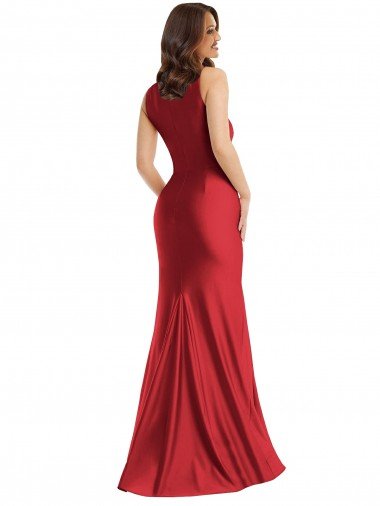 Affordable Square Neck Formal Silky Satin Mermaid Bridesmaid Dress / Prom Dress with Side Slit UK