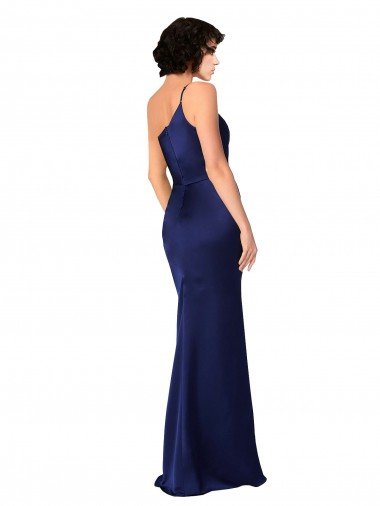 Affordable One Shoulder Formal Silky Satin Bridesmaid Dress / Prom Dress with Skirt Slit UK
