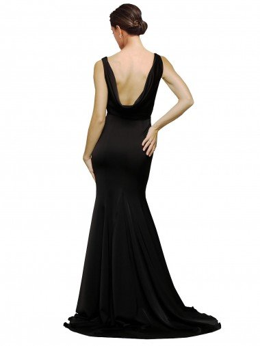 Affordable V-Neck Full Length Formal Silky Satin Bridesmaid Dress / Prom Dress with Soft Cowl Neck and Sweep Train UK