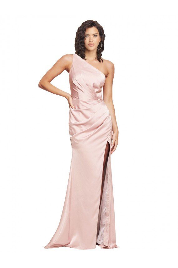 Affordable Full Length Ruched Formal Silky Satin Bridesmaid Dress / Prom Dress with Low Back and High Split UK