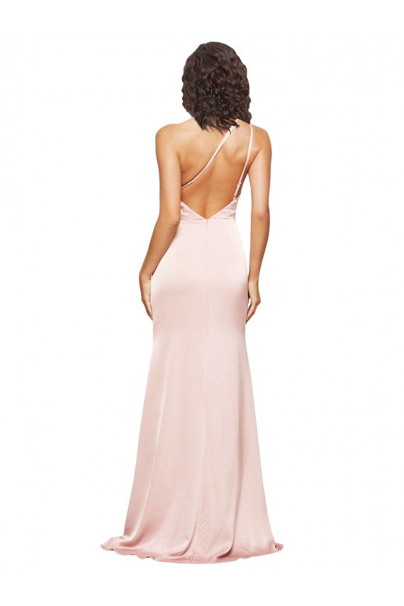 Affordable Full Length Ruched Formal Silky Satin Bridesmaid Dress / Prom Dress with Low Back and High Split UK