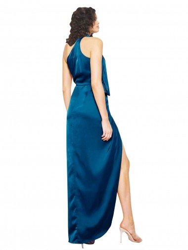 Affordable High Halter Neck Formal Silky Satin Bridesmaid Dress / Prom Dress with Sash Overlay and Side Split UK