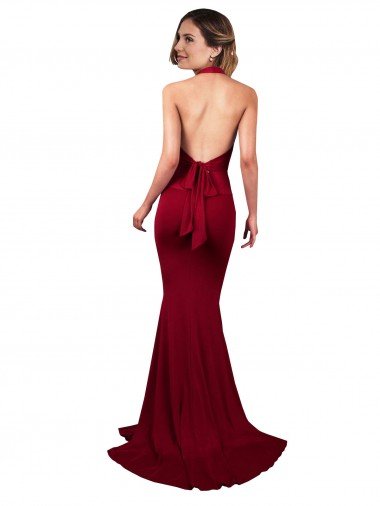 Affordable Halter Mermaid Plunge V-Neckline Open Back Bow Tie Formal Spandex Bridesmaid Dress / Prom Dress UK