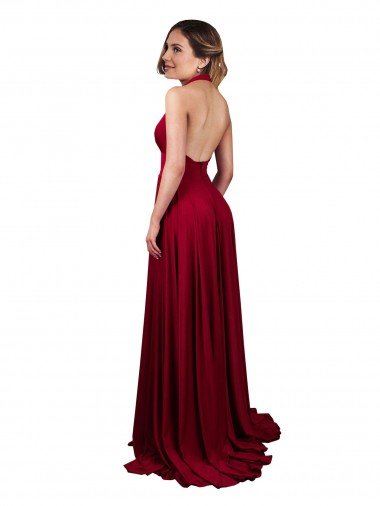 Affordable A-Line Halter Plunge V-Neckline Open Back Formal Spandex Bridesmaid Dress / Prom Dress with Slit UK