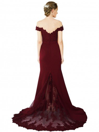 Affordable Full Length Off the Shoulder Formal Crepe Bridesmaid Dress / Prom Dress with Lace On Bodice and Back UK