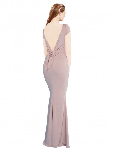 Affordable Boat Neck Cap Sleeve Formal Crepe Bridesmaid Dress / Prom Dress with Plunging Tie Back UK