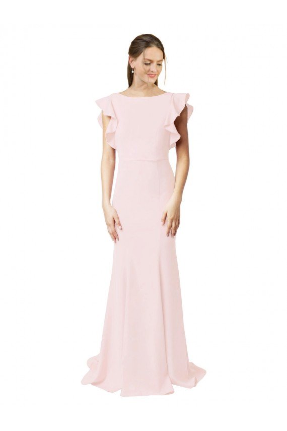 Affordable Low V-Back Long Mermaid Crepe Bridesmaid Dress / Prom Dress with Ruffled Sleeves UK