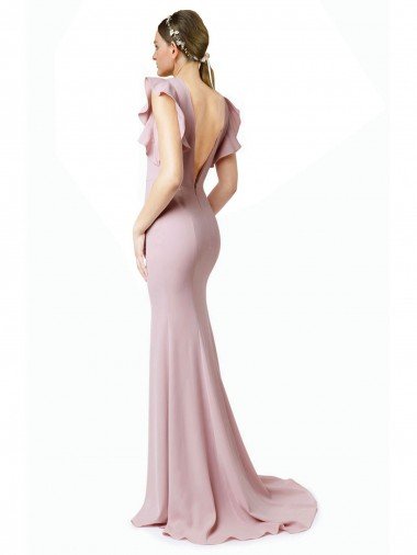 Affordable Low V-Back Long Mermaid Crepe Bridesmaid Dress / Prom Dress with Ruffled Sleeves UK
