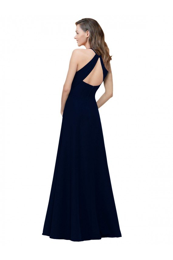 Affordable High Neck Crepe Bridesmaid Dress / Prom Dress with Pleats and Keyhole Back UK