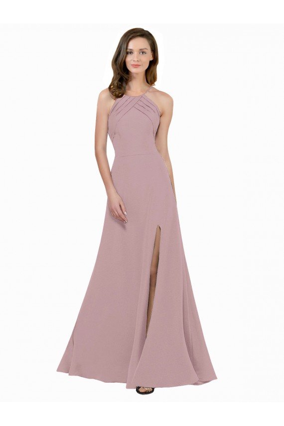 Affordable High Neck Crepe Bridesmaid Dress / Prom Dress with Pleats and Keyhole Back UK