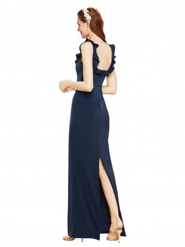 Affordable Scoop Neck with Ruffles Long Formal Crepe Bridesmaid Dress / Prom Dress with Back Slit UK