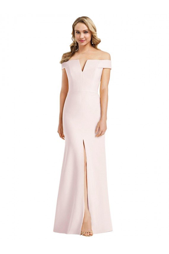 Affordable Off the Shoulder Notch Trumpet Formal Crepe Bridesmaid Dress / Prom Dress with Front Slit UK