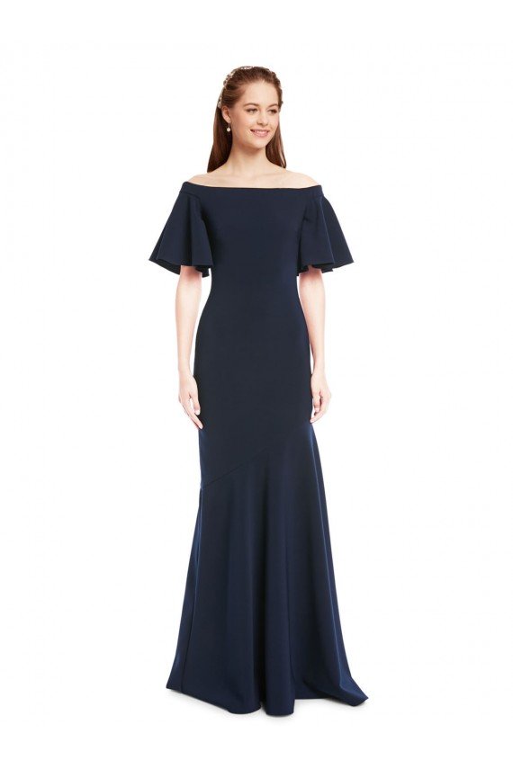 Affordable Off the Shoulder Formal Crepe Bridesmaid Dress / Prom Dress with Short Ruffle Sleeves. UK