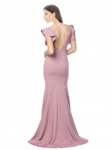 Affordable Flutter Sleeves Low V-Back High Round Neck Formal Crepe Bridesmaid Dress / Prom Dress UK