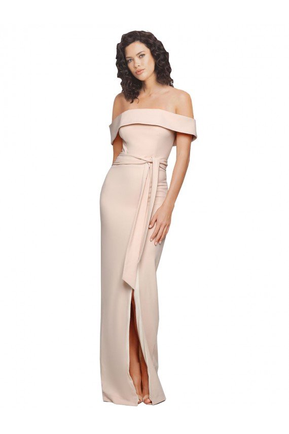 Affordable Off the Shoulder Long Formal Crepe Bridesmaid Dress / Prom Dress with Waist Tie and Slit UK